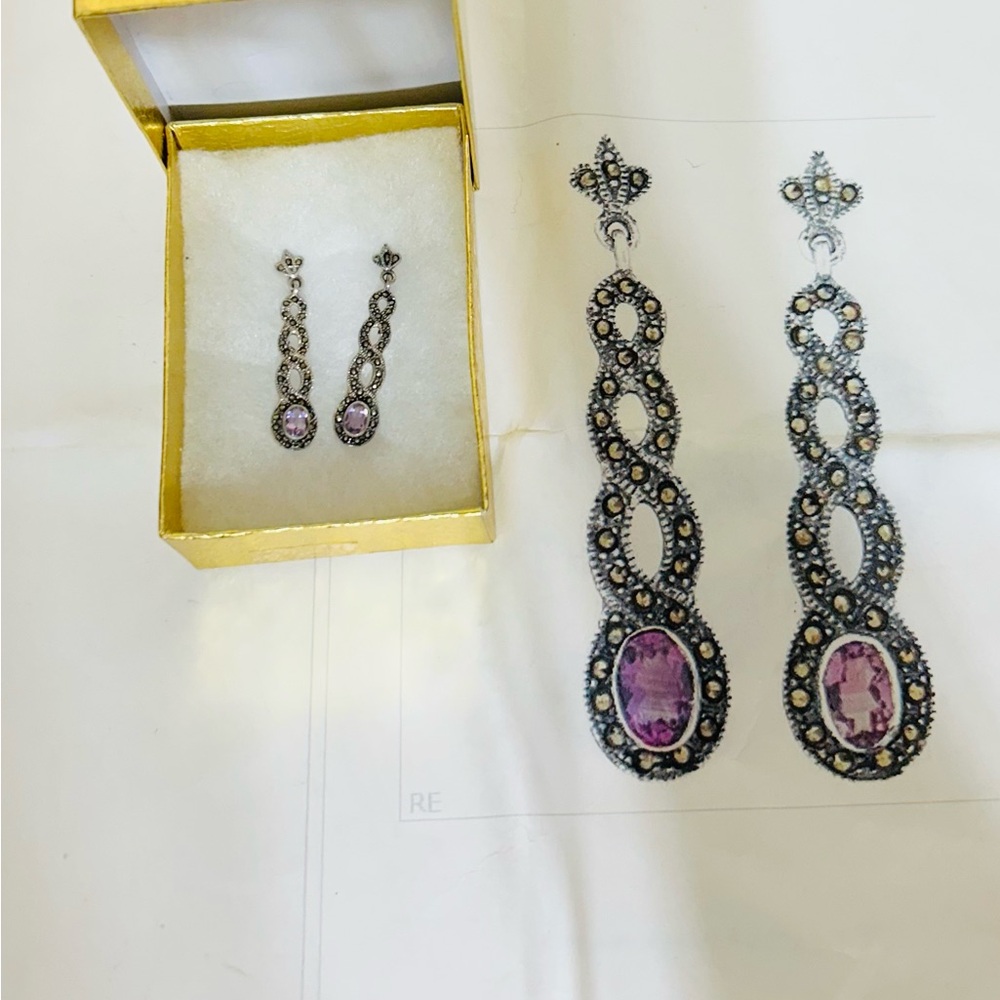 Amethyst Sterling Silver Marcasite Drop Earrings Valentine Birthday Gift Ideas